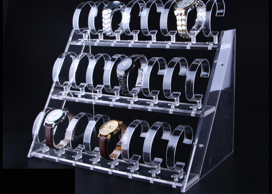 Banco di mostra acrilico trasparente dell'orologio di 3 file per l'esposizione dell'orologio di Casio