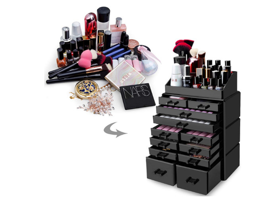 Organizzatore cosmetico acrilico nero di stoccaggio di trucco del banco di mostra chiaro con 12 cassetti
