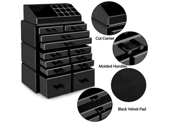 Organizzatore cosmetico acrilico nero di stoccaggio di trucco del banco di mostra chiaro con 12 cassetti