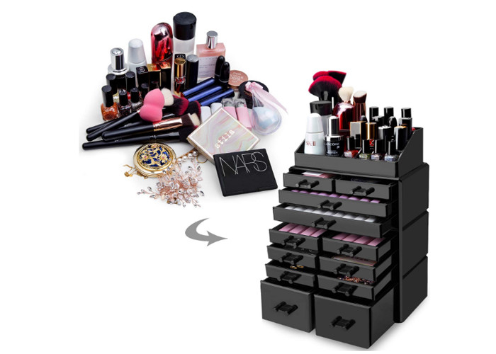 Organizzatore cosmetico acrilico nero di stoccaggio di trucco del banco di mostra chiaro con 12 cassetti